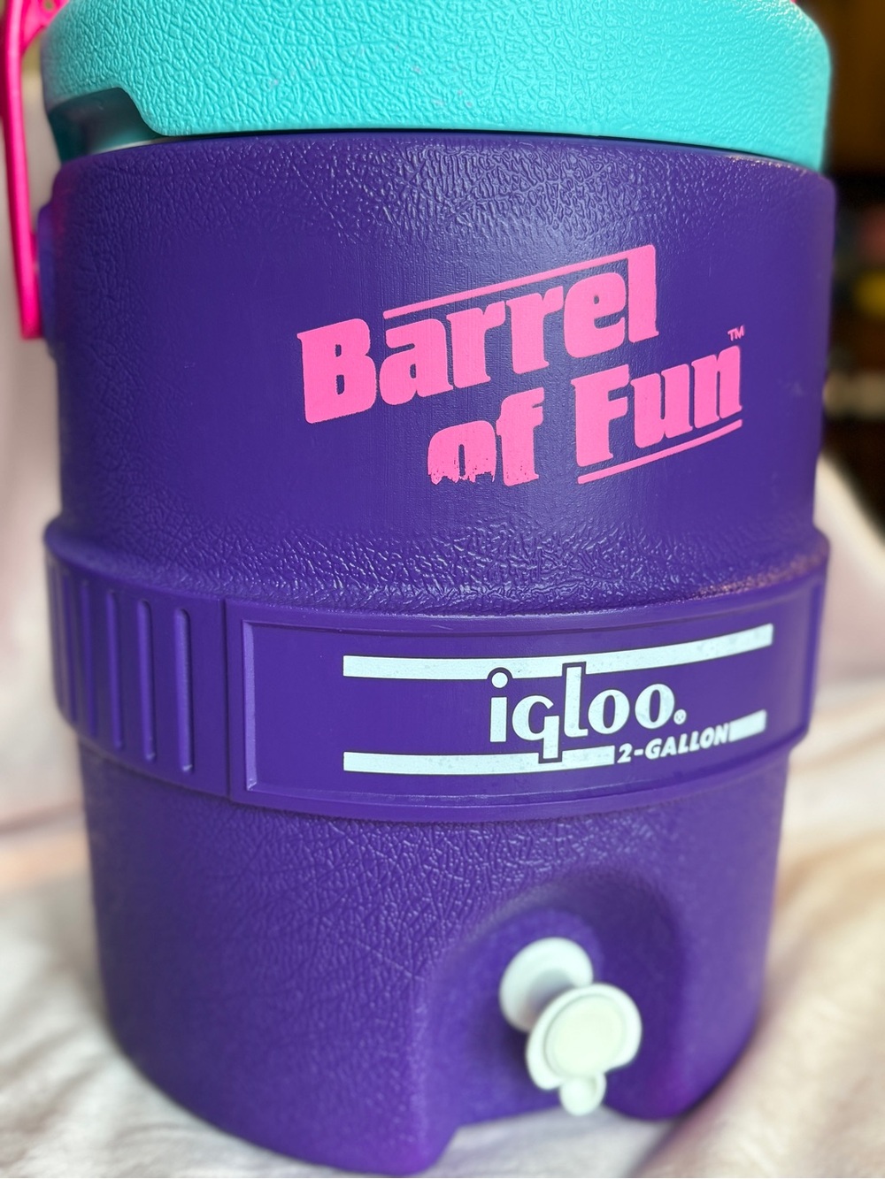 Vintage Igloo “Barrel of Fun” 2 Gallon Cooler Jug • Retro Purple & Neon Pink